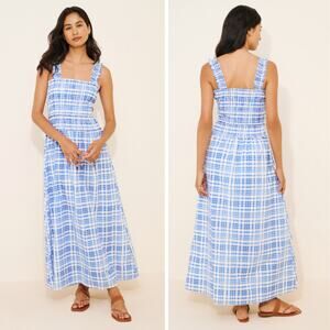 HILL HOUSE Azalea Watercolor Blue Gingham Maxi Dress Size Small
